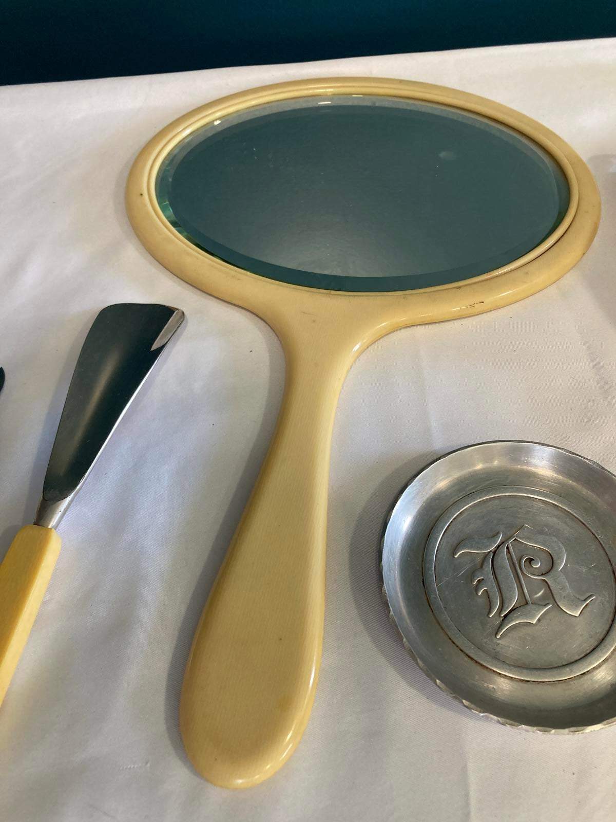 Vintage 5-Piece Vanity Set w/ "R" Monogram -Mirror, Shoe Horn, Nail Tools & Tray