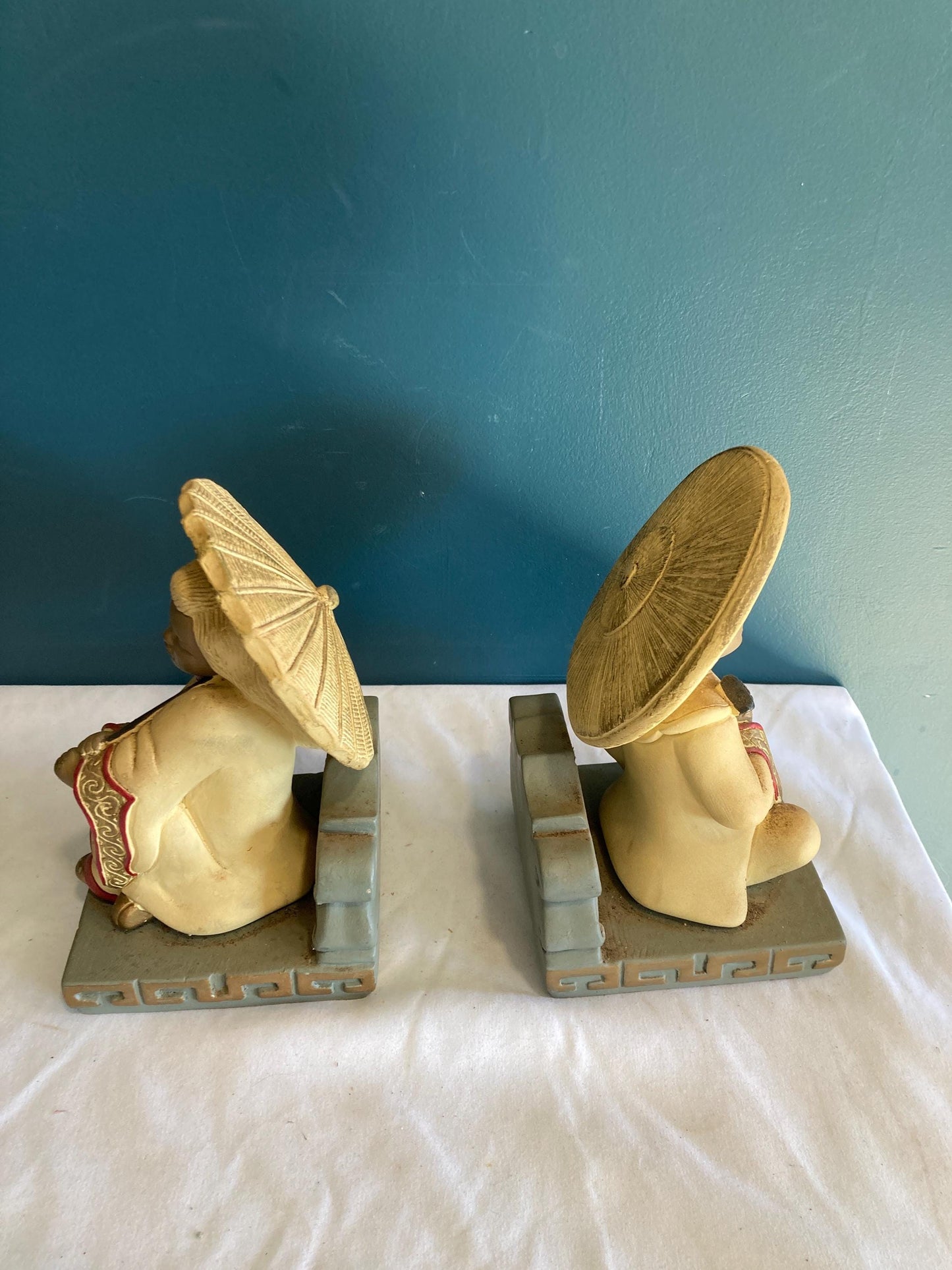 Vintage Devonware Chalkware Asian Boy and Girl bookends Made in Canada Genuine Hand Painted Ceramic