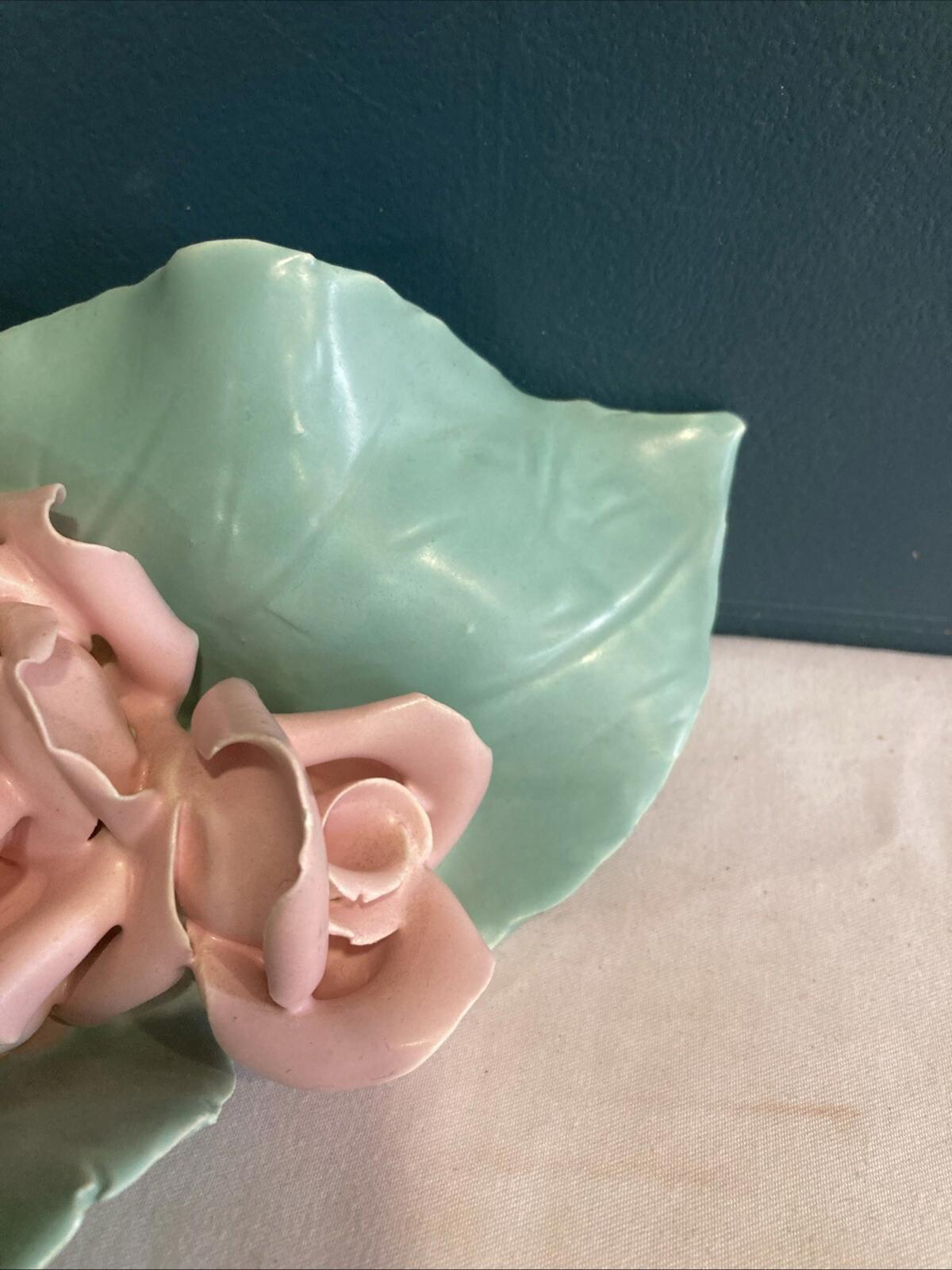 Vintage Porcelain Pink Rose Green Leaf Sculpture Centerpiece 8.4” Wide