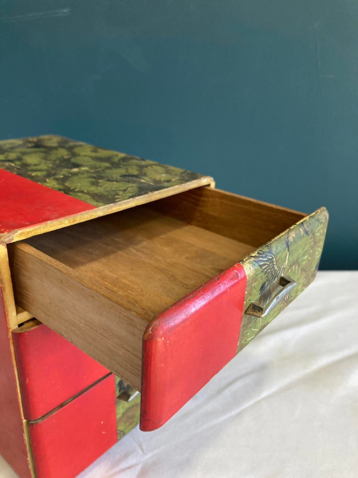 Early 20th Century Japanese Small 3 Drawer Box With Papered Cranes
