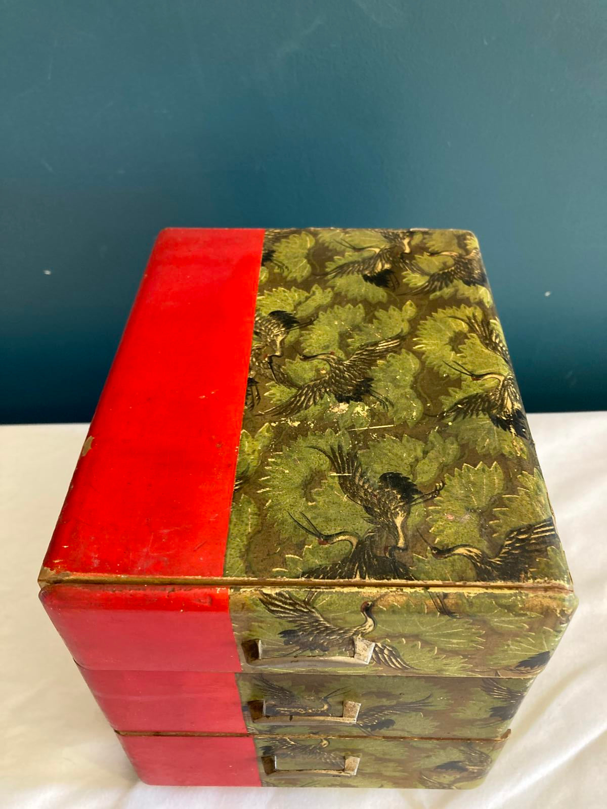 Early 20th Century Japanese Small 3 Drawer Box With Papered Cranes