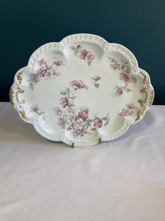 Haviland & Co Limoges France Oval Platter – Pink Floral Gilt 10.5”