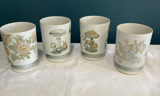 1970s Hand Painted Mushroom & Butterfly Mugs – Gold Trim – Signed Set of 2