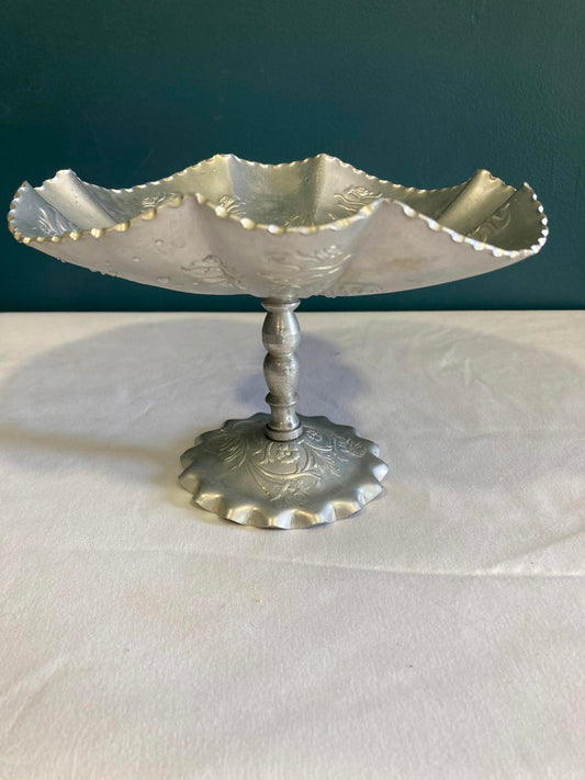 Vintage Aluminum Pedestal Dish with Scalloped Edge