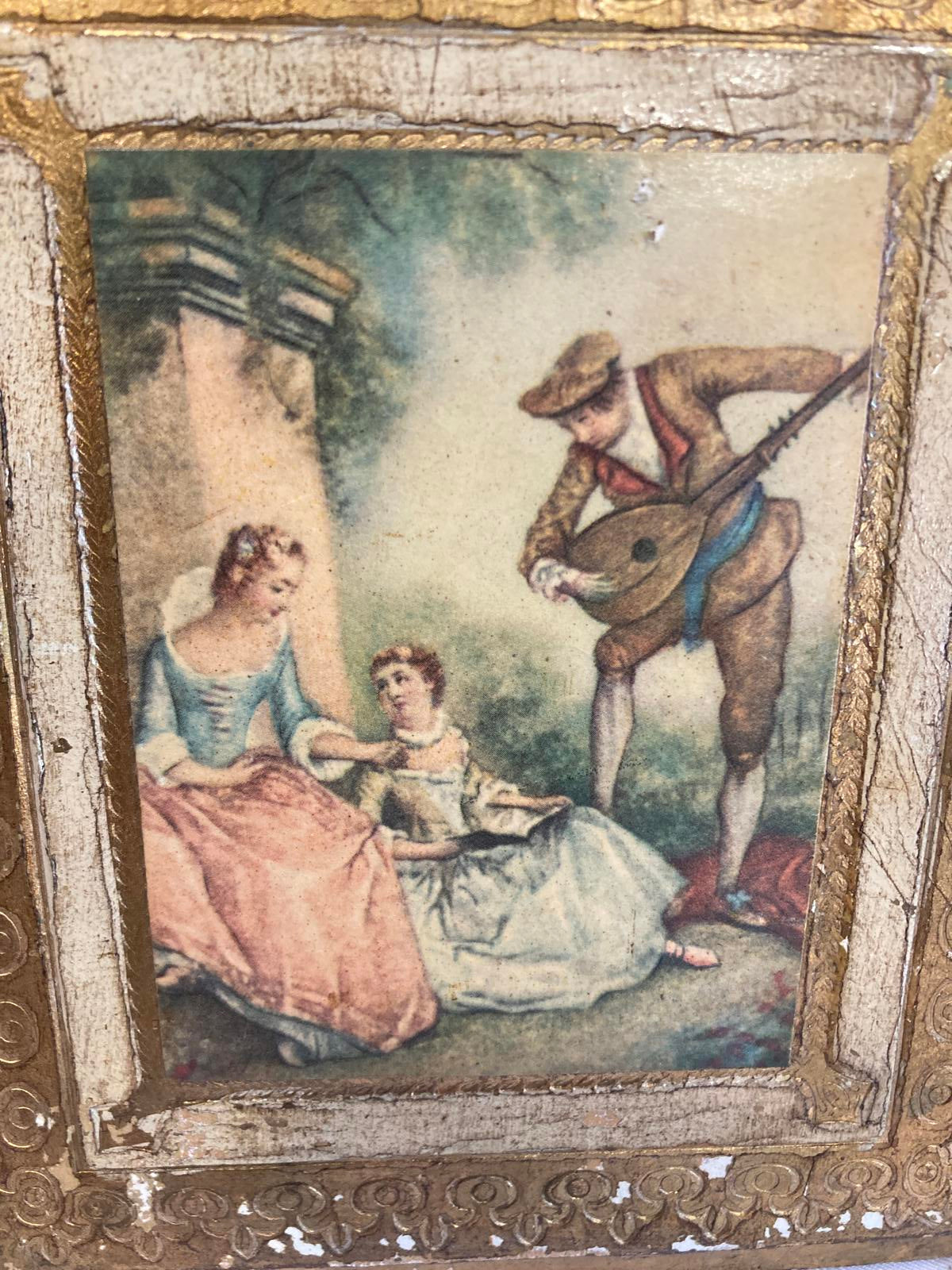 Vintage Italian Gold Framed Romantic Scene on Wood