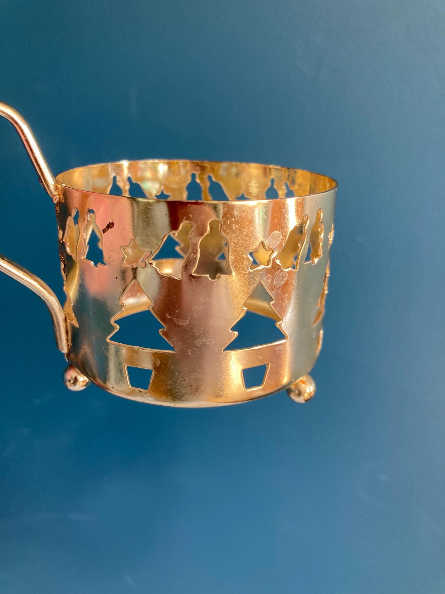 Vintage Gold Metal Cup Holders with Cutout Christmas Trees, Bells, & Stars, Set of 2