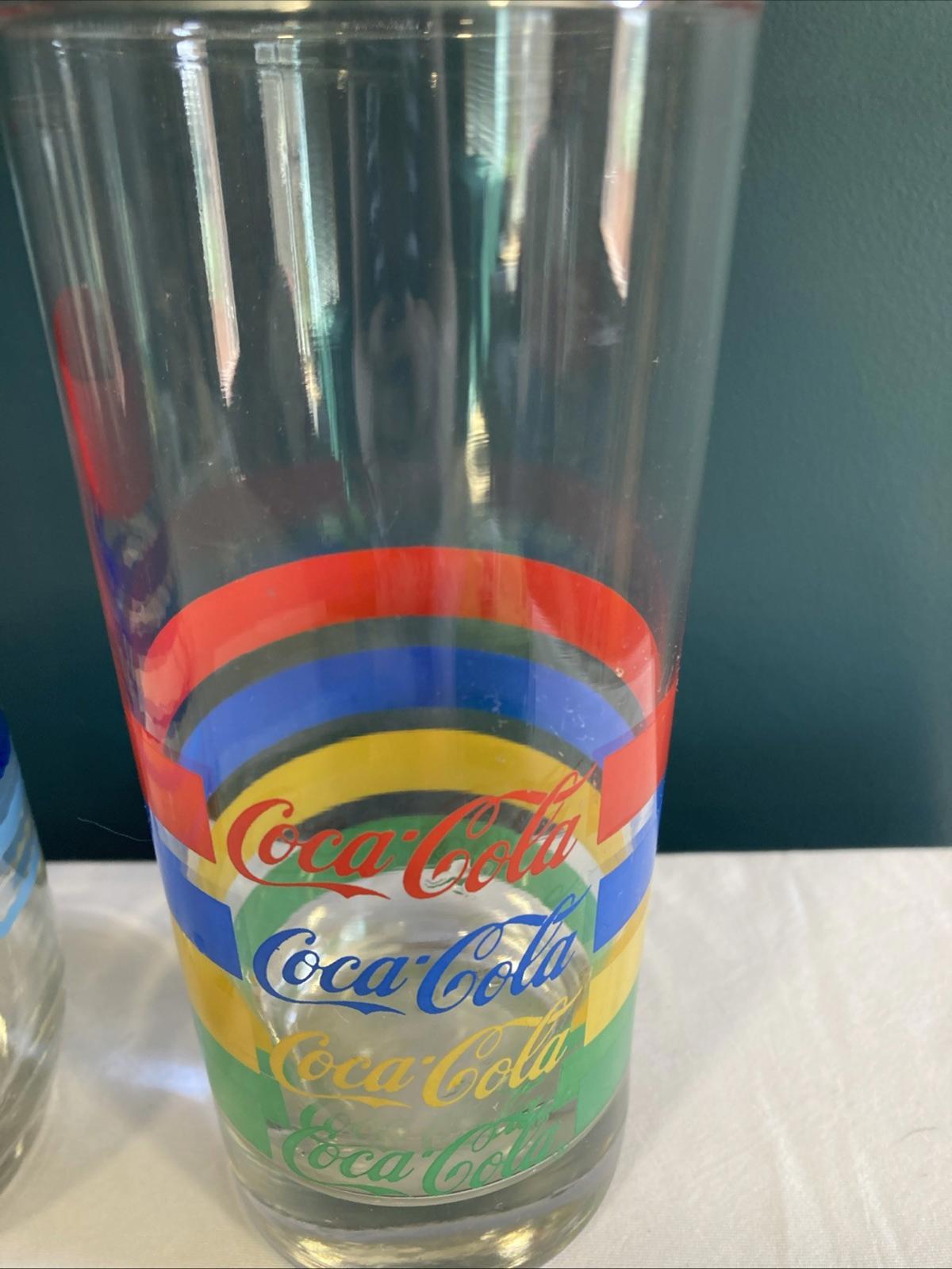 Vintage Set of 2 Coca Cola Striped Drinking Glasses 12 oz Soda Tumblers