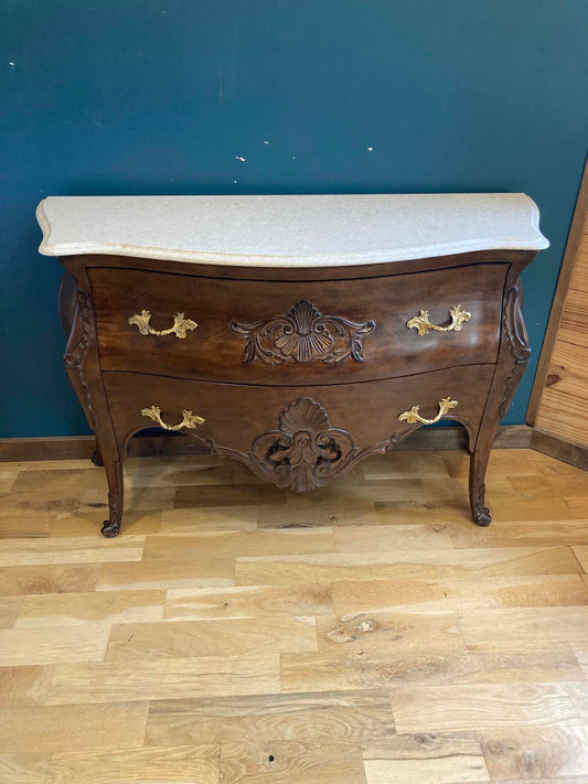 Vintage Italian Carved Wood Bombe Dresser with Marble Top
