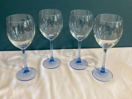 Vintage Luminarc Light Blue Stem Wine Glasses – Set of 4, Made in France