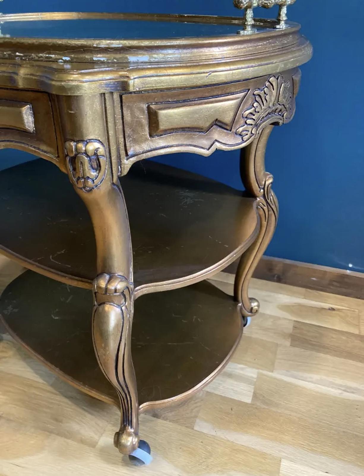 Mid-Century Hollywood Regency Gold Rolling Bar Cart With Lift Off Tray
