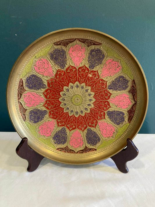 Vintage Enameled Brass Painted Decorative Plate