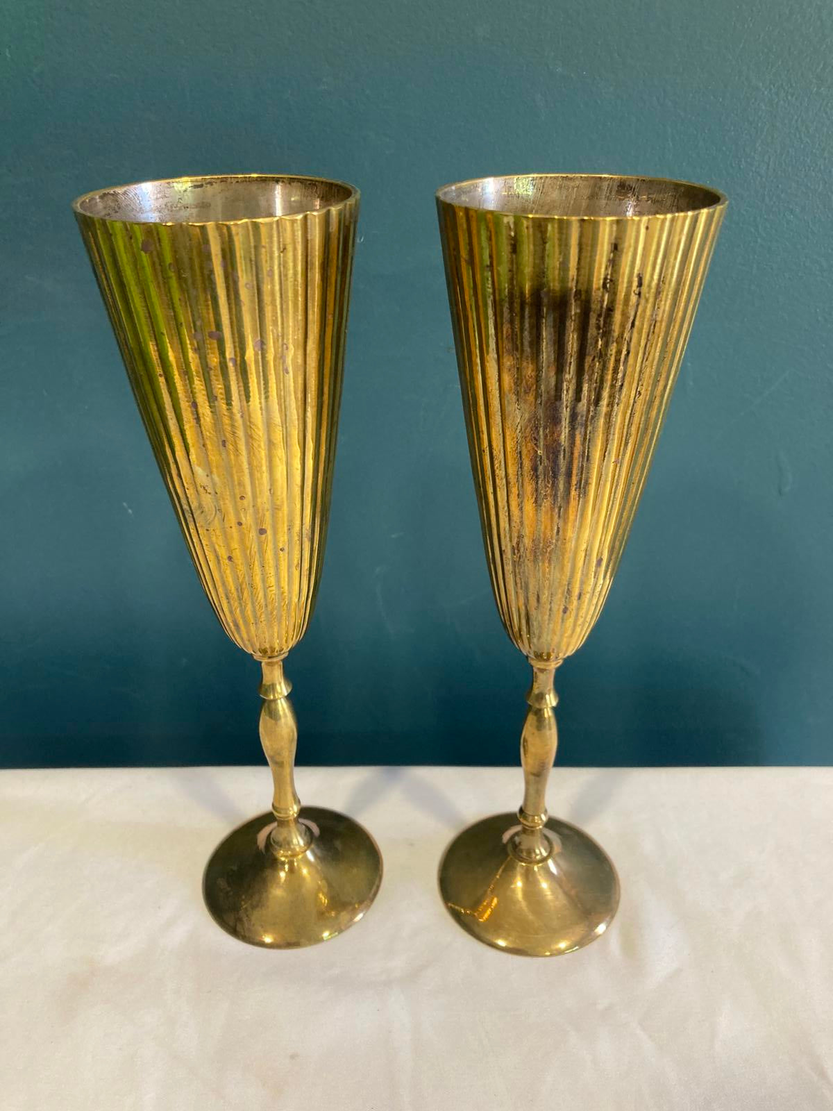 Vintage Brass Champagne Flutes – Ribbed Gold Goblets, Set of 2