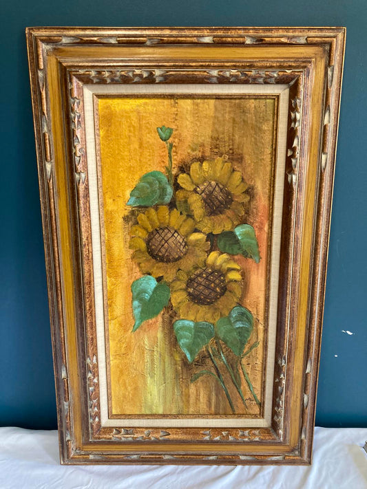 Vintage Sunflower Oil Painting in Carved Frame | Rustic Wall Art | Vintage Finds