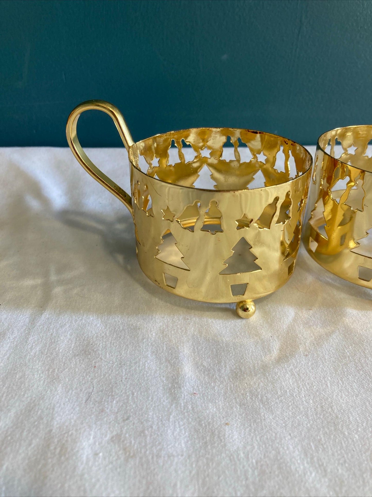Vintage Gold Metal Cup Holders with Cutout Christmas Trees, Bells, & Stars, Set of 2