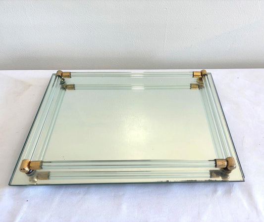 Vintage Glass Vanity Tray Brass Corner Accents Art Deco Style