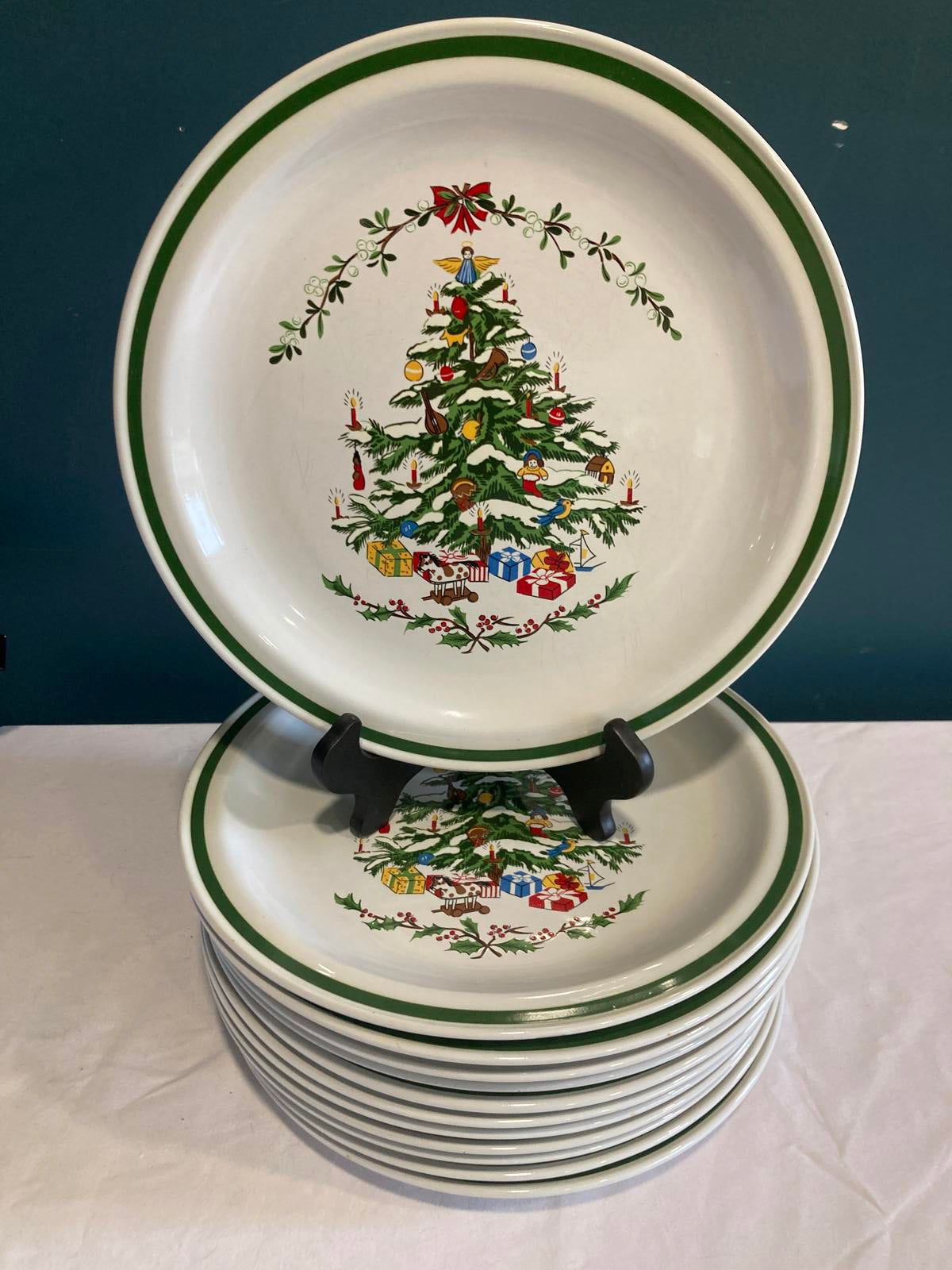 Vintage Stoneware Christmas Tree Plates by Montgomery Ward, Set of 12
