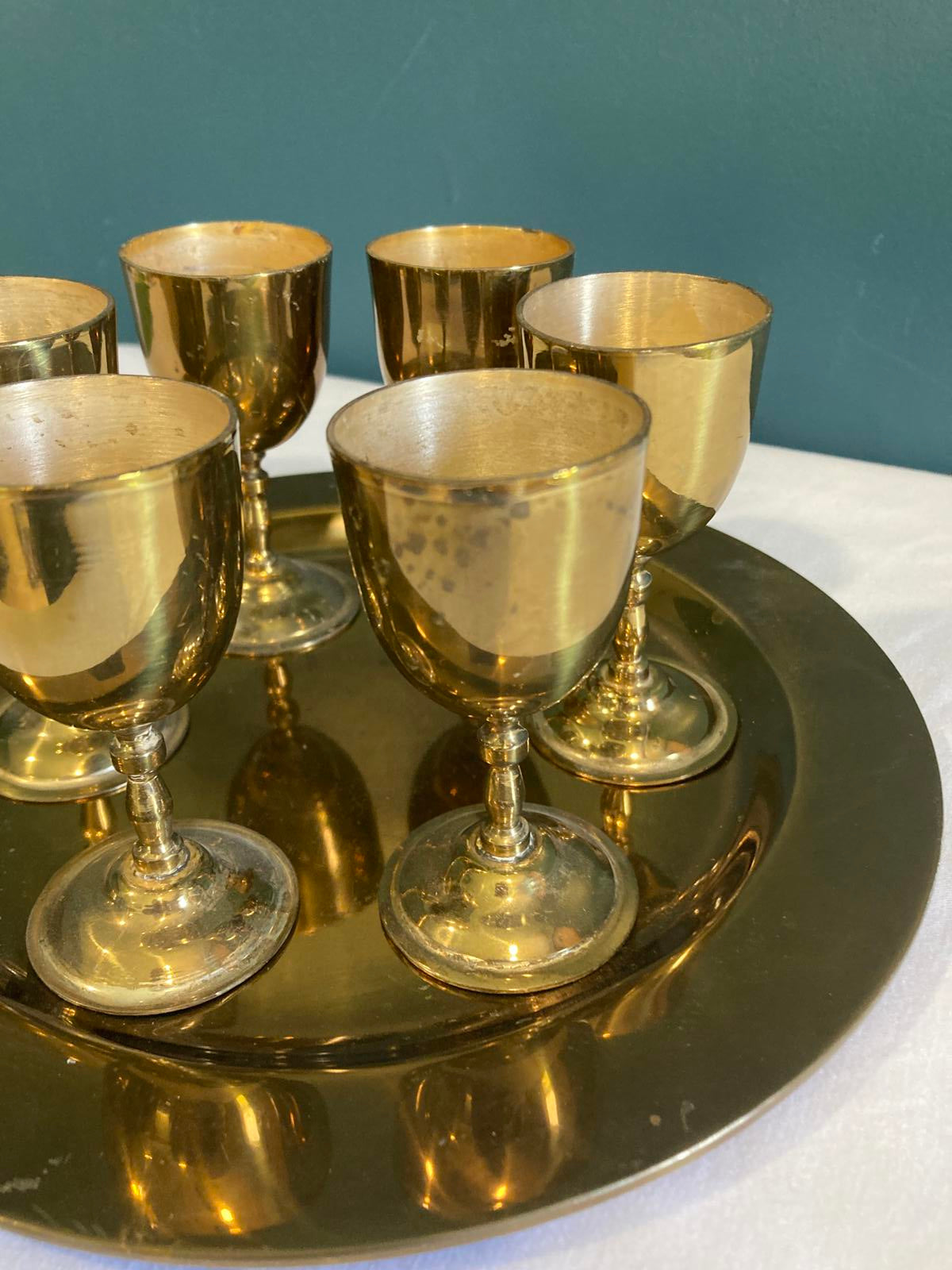 Vintage Solid Brass Goblet Set with Tray – 6 Small Cups & Serving Tray R Albanez
