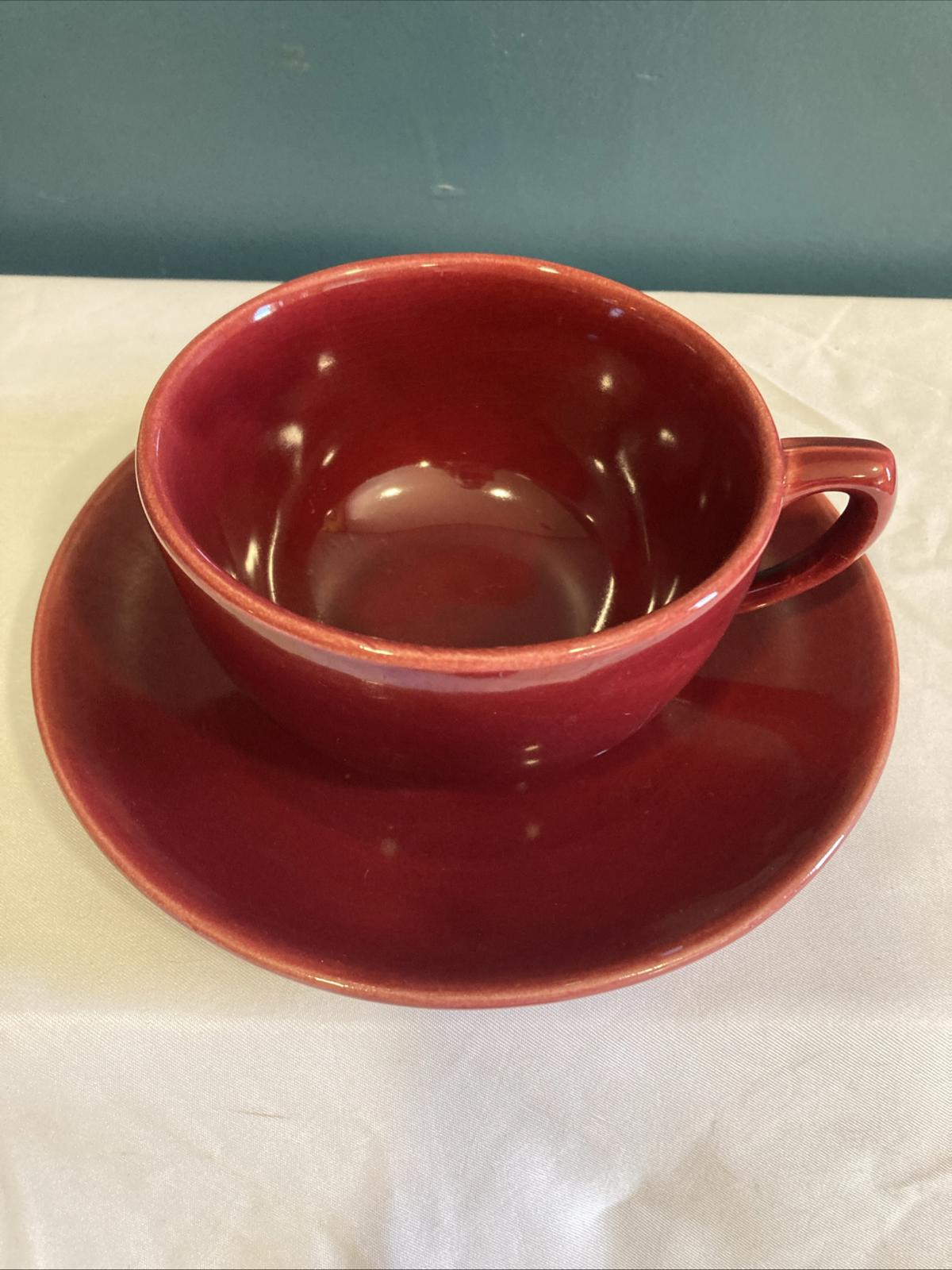 Vintage Bauer Pottery Red Moderne Cup and Saucer Set Los Angeles