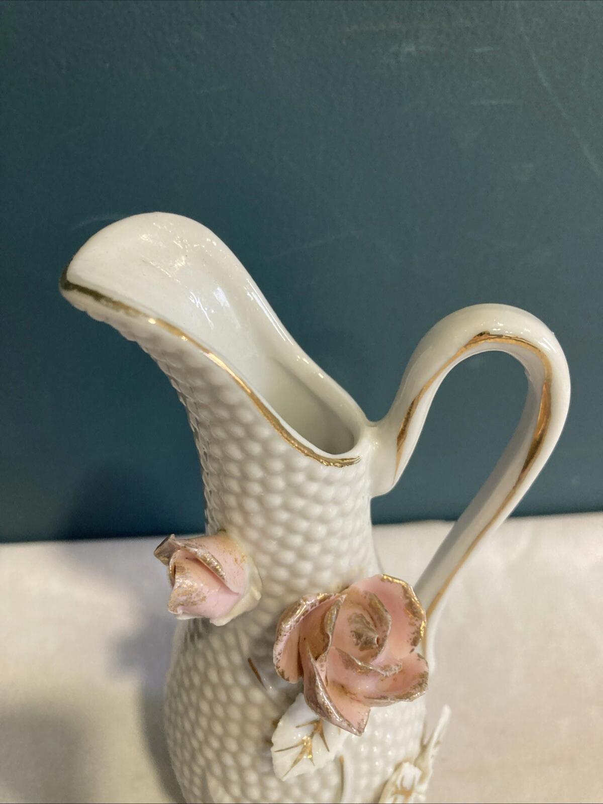 Vintage Mini Pitcher 3D Floral Design Porcelain Gold Trim White Bud Vase 5.75”