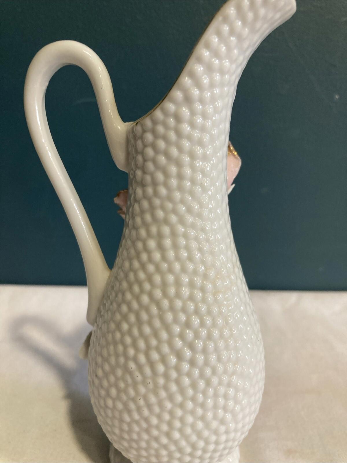 Vintage Mini Pitcher 3D Floral Design Porcelain Gold Trim White Bud Vase 5.75”