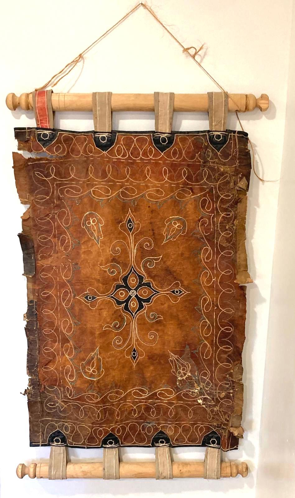 Vintage Handcrafted Leather Wall Hanging | Primitive Rustic Tapestry