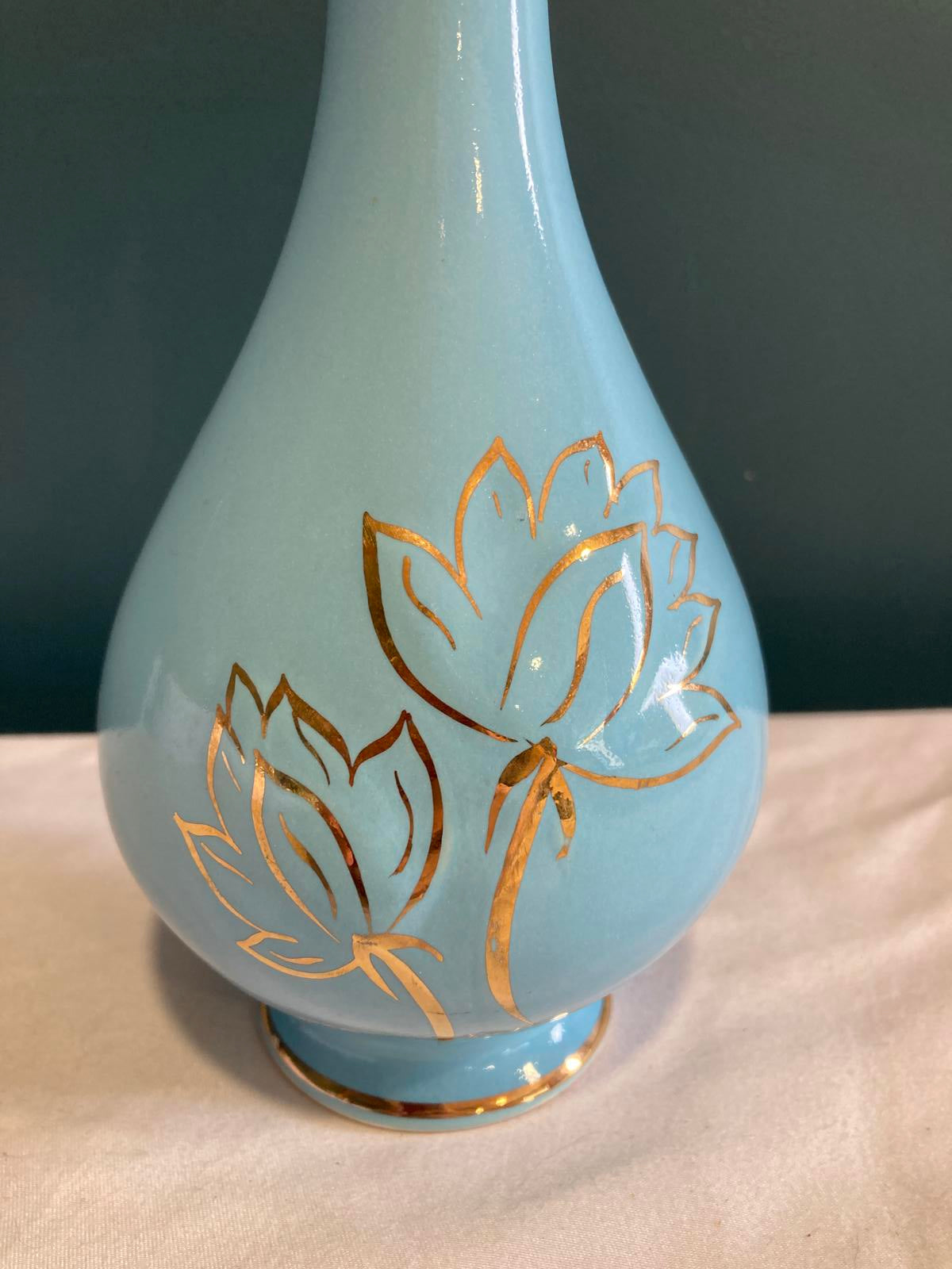 Vintage Blue & 22k Gold Lotus Vase by Pearl China Co.