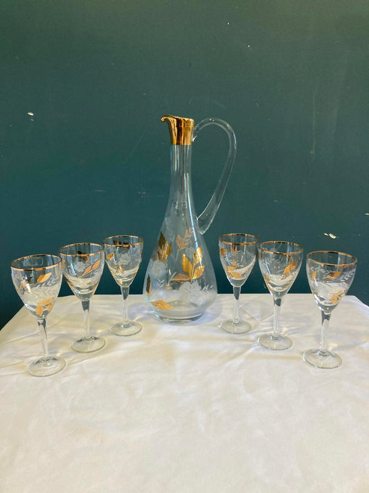 Toscany Gold Leaf Wine Glasses & Pitcher Set – 7 Pc Vintage Finds