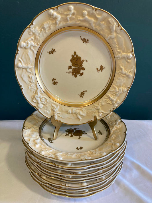 Set of 10 Ernst Bohne Söhne Embossed Cherub Plates with Gold Gilding