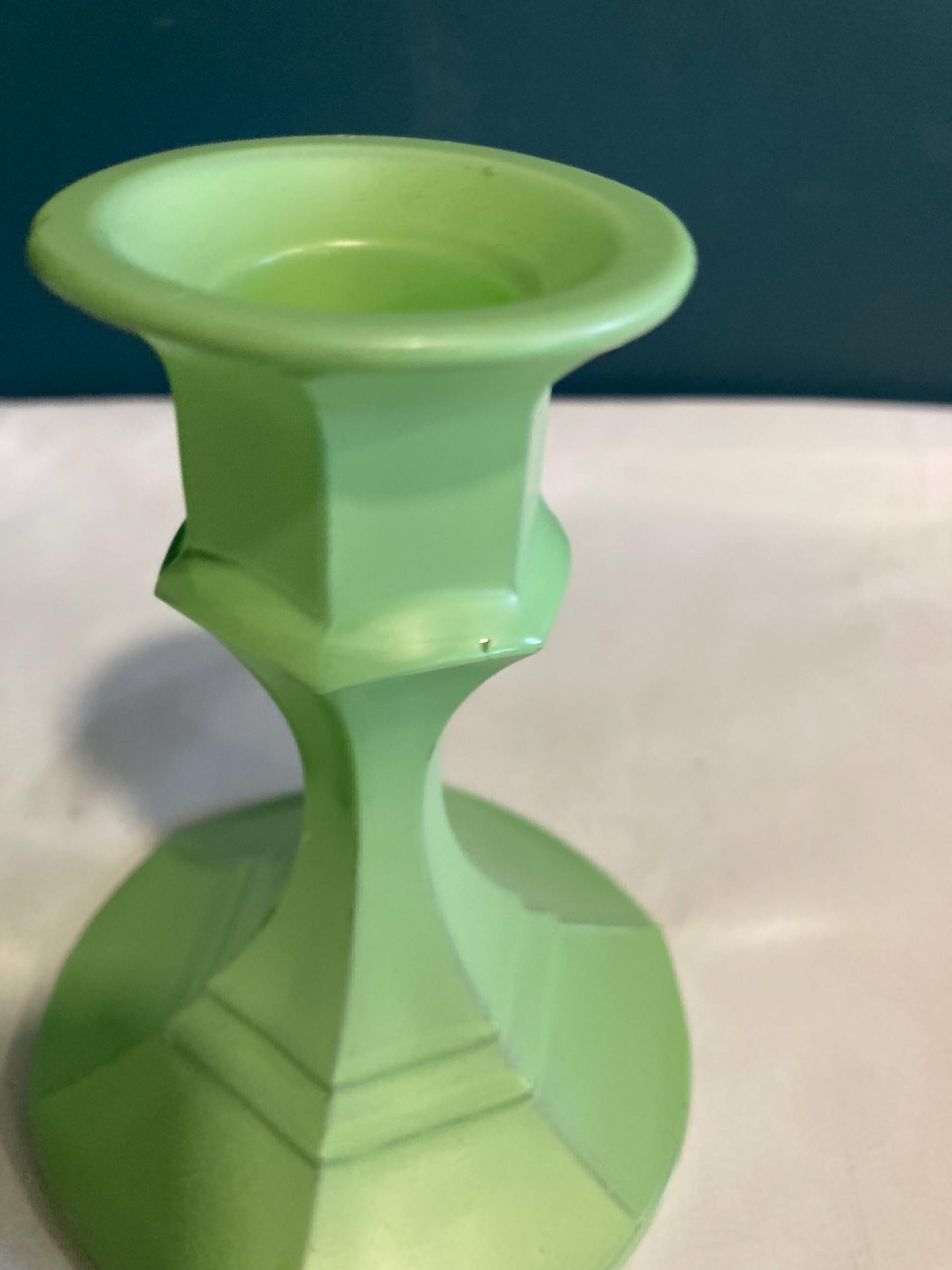 Vintage Green Painted Glass Candlesticks, set of 2
