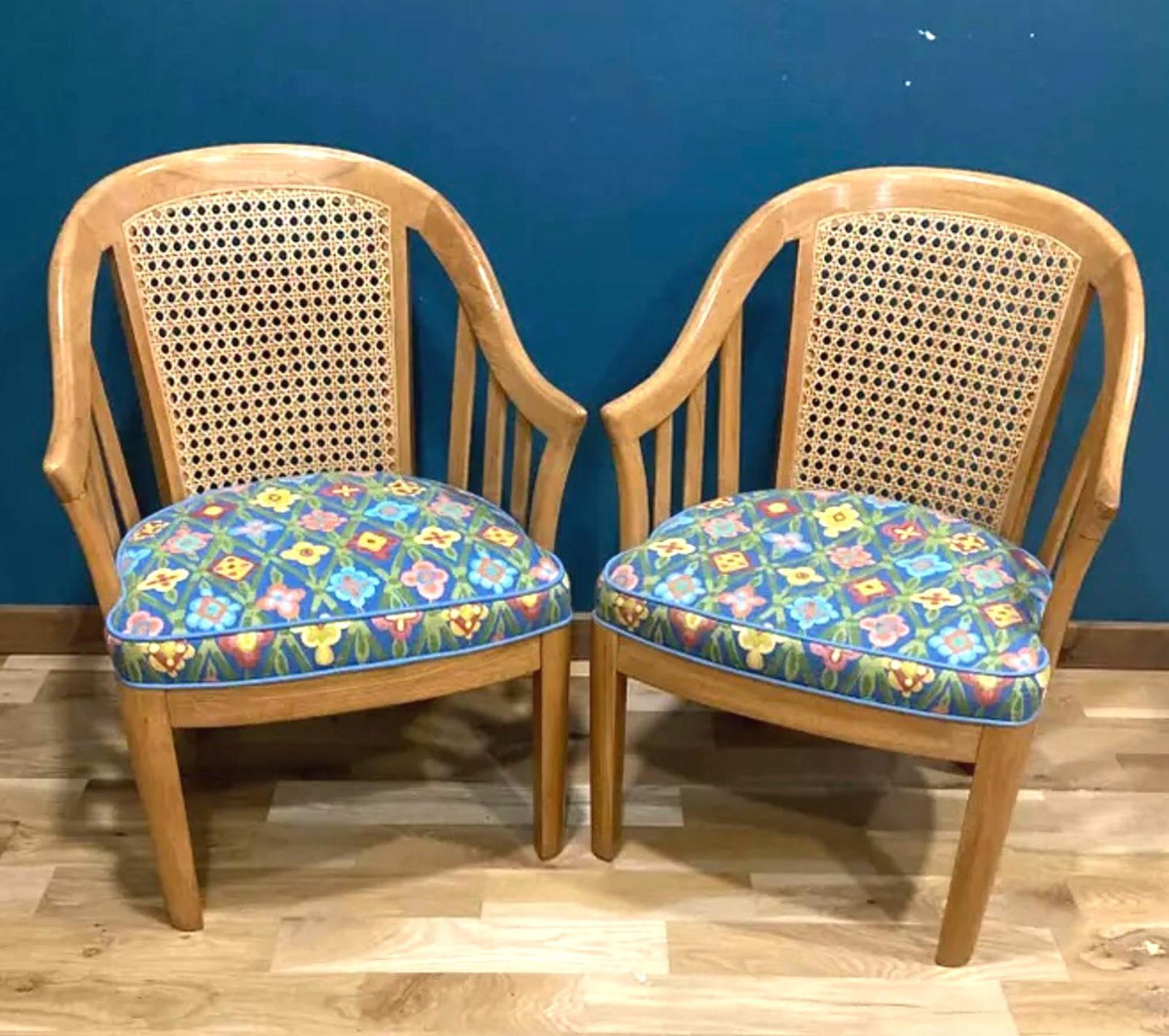 Vintage Cane Back Accent Chairs with Blue Floral Upholstery, Set of 2