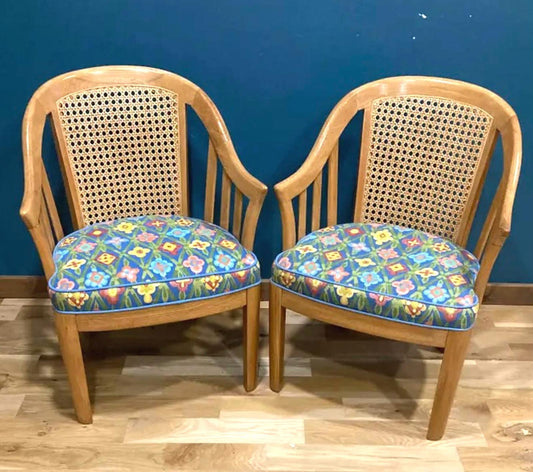 Vintage Cane Back Accent Chairs with Blue Floral Upholstery, Set of 2