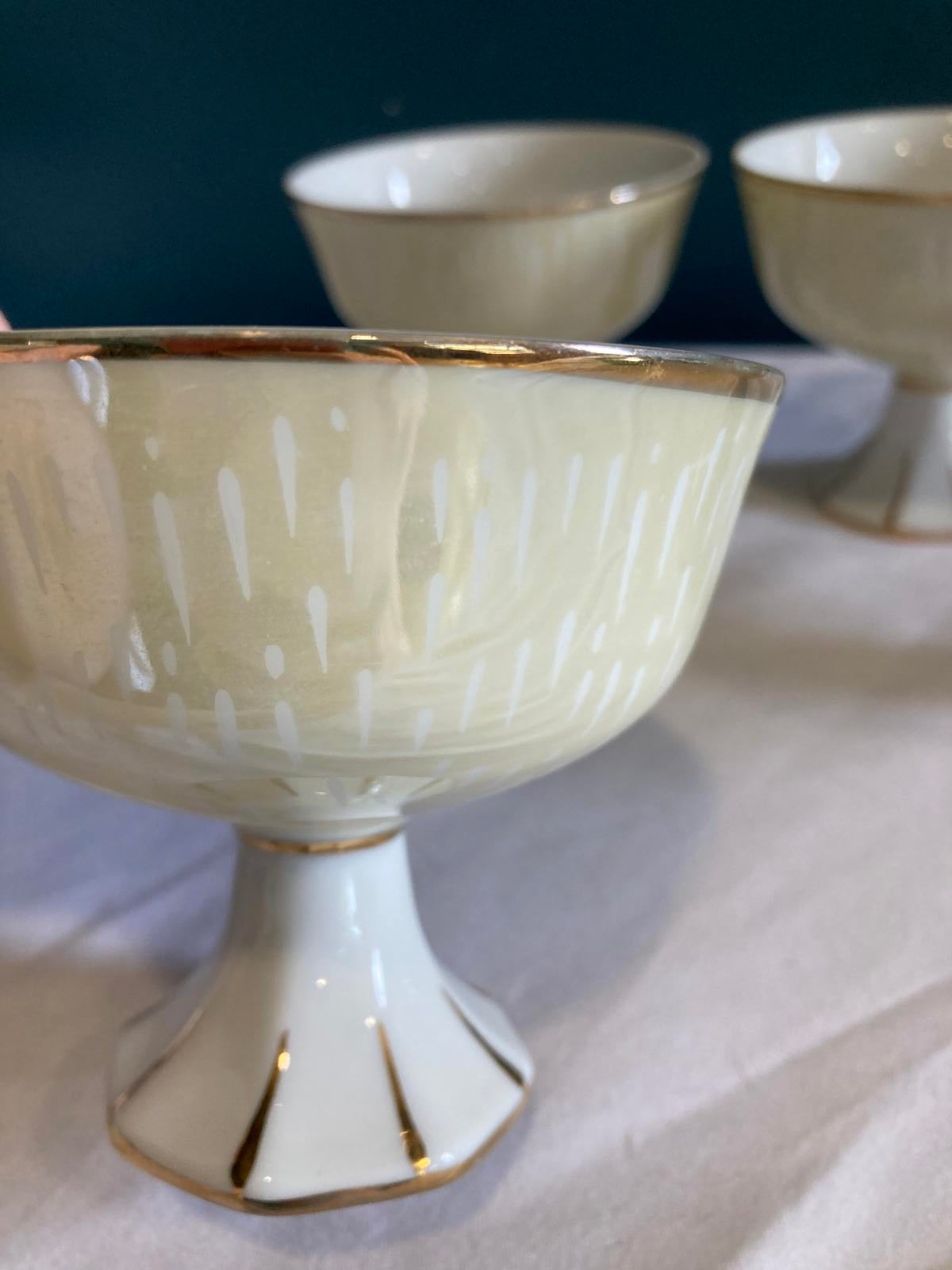 Vintage Luster Pedestal Dessert Bowls Iridescent Porcelain with Gold Trim