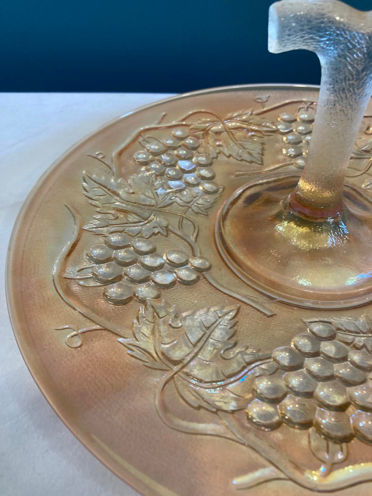 Vintage Amber Glass Cake Stand with Grape Design