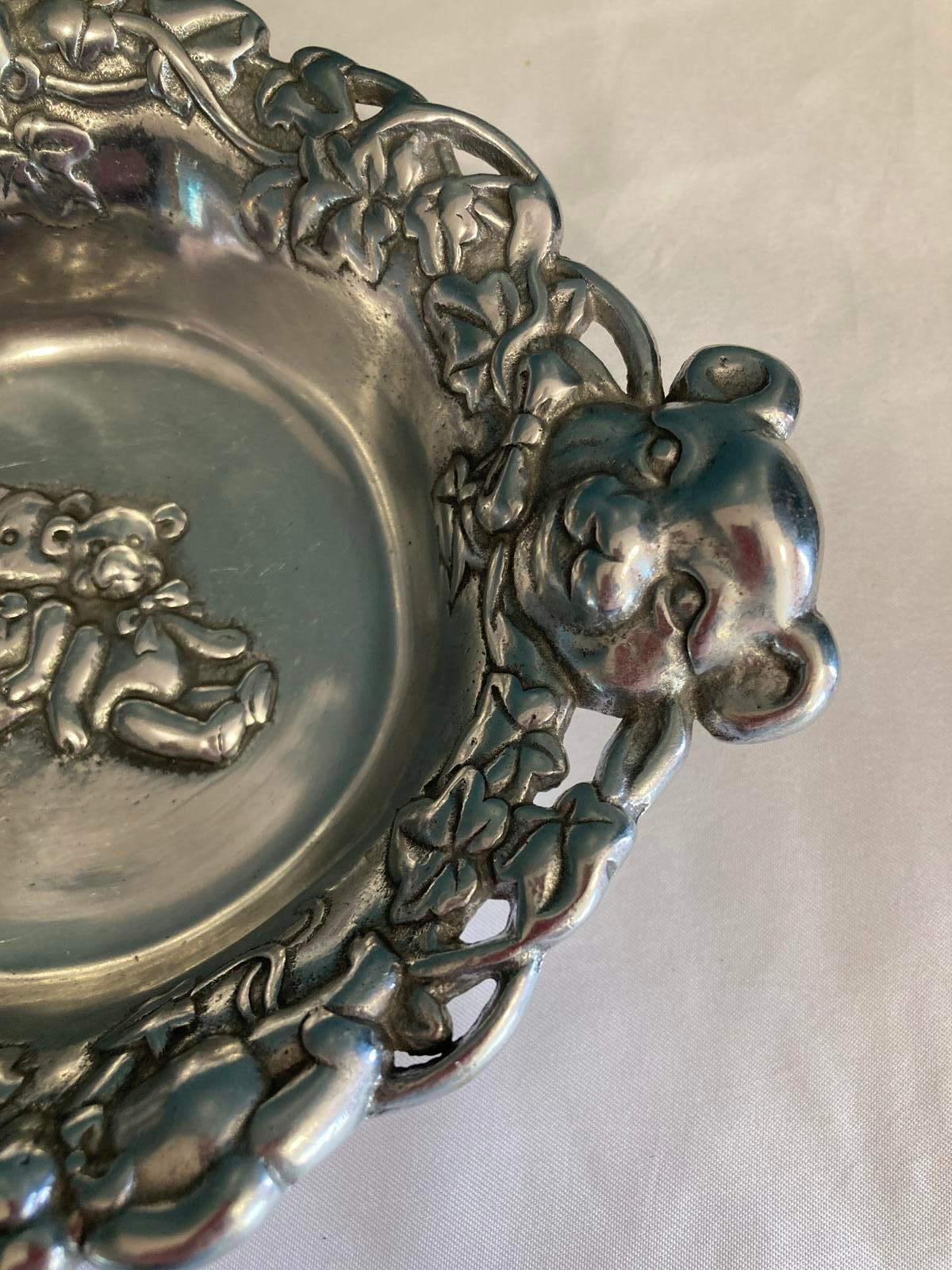 Arthur Court Teddy Bear Bowl Silver Aluminum Ornate Floral Rim