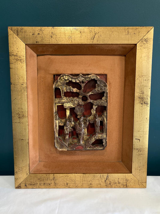 Antique Chinese Rosewood Carving Framed Botanical Gilded Wall Art Asian Decor