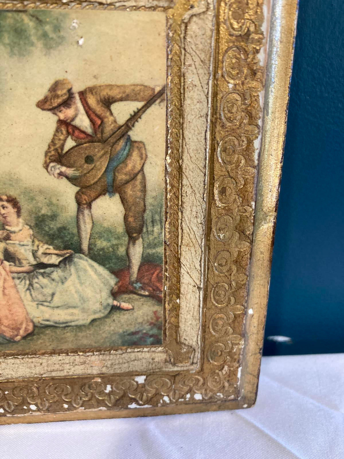 Vintage Italian Gold Framed Romantic Scene on Wood