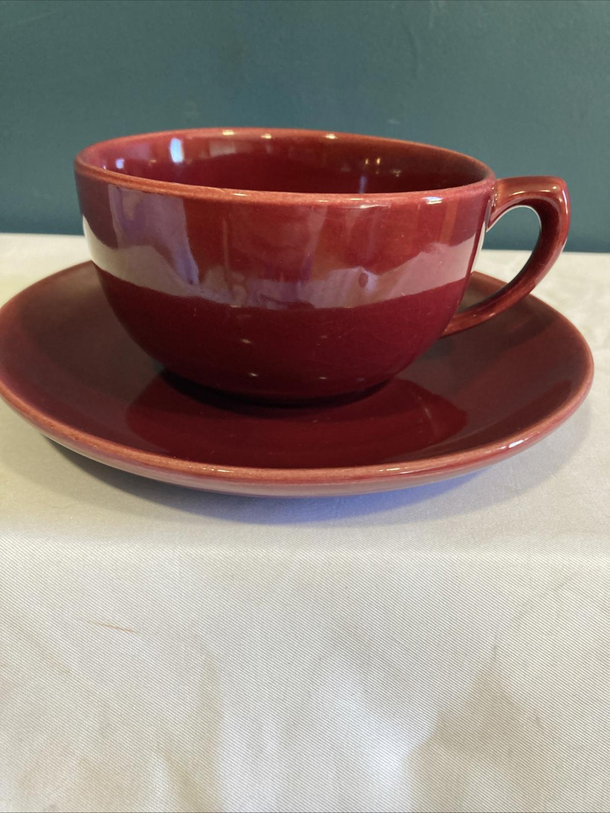 Vintage Bauer Pottery Red Moderne Cup and Saucer Set Los Angeles