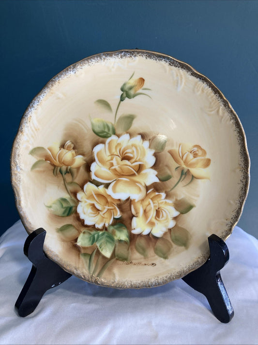 Vintage Handpainted Enesco Yellow Rose Floral Collector Plate 8.75"