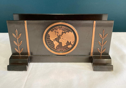 Vintage Copper & Metal Letter Holder with World Map – Leaf Motif, Velvet Base