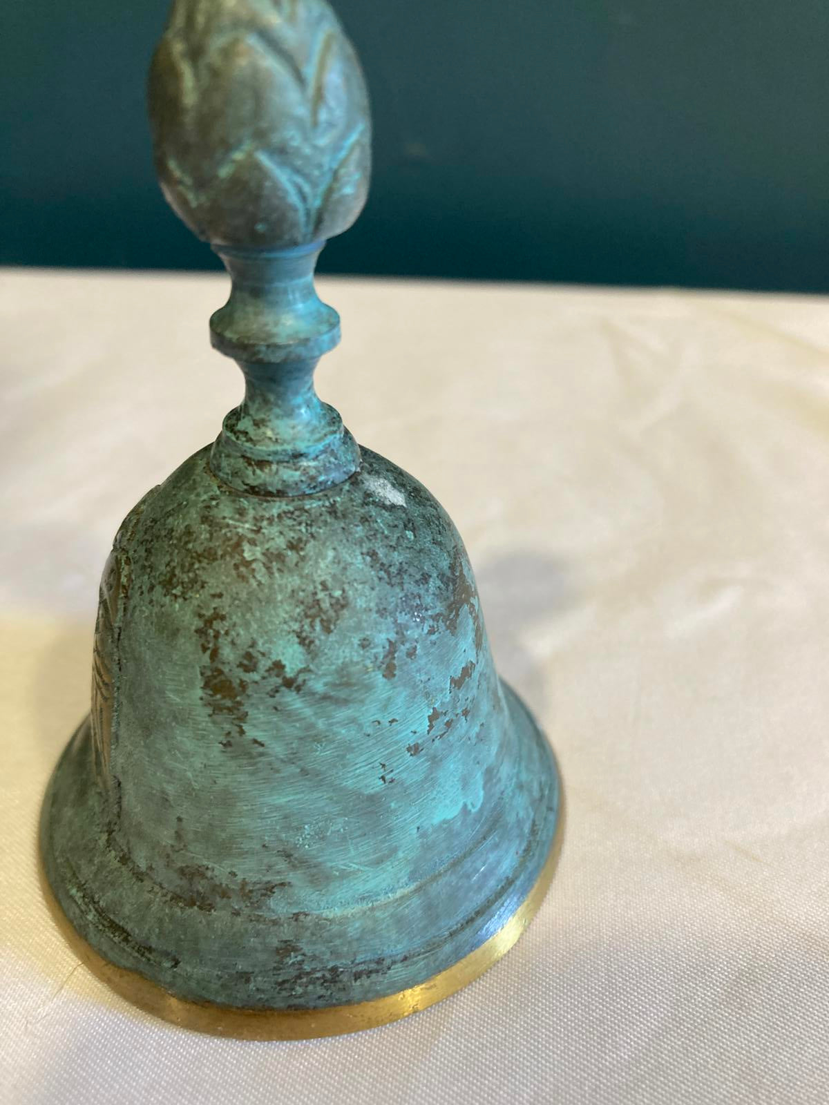 Vintage Green & Gold Brass Bell w/ Double-Headed Eagle – Ornate Finial, 3” Tall