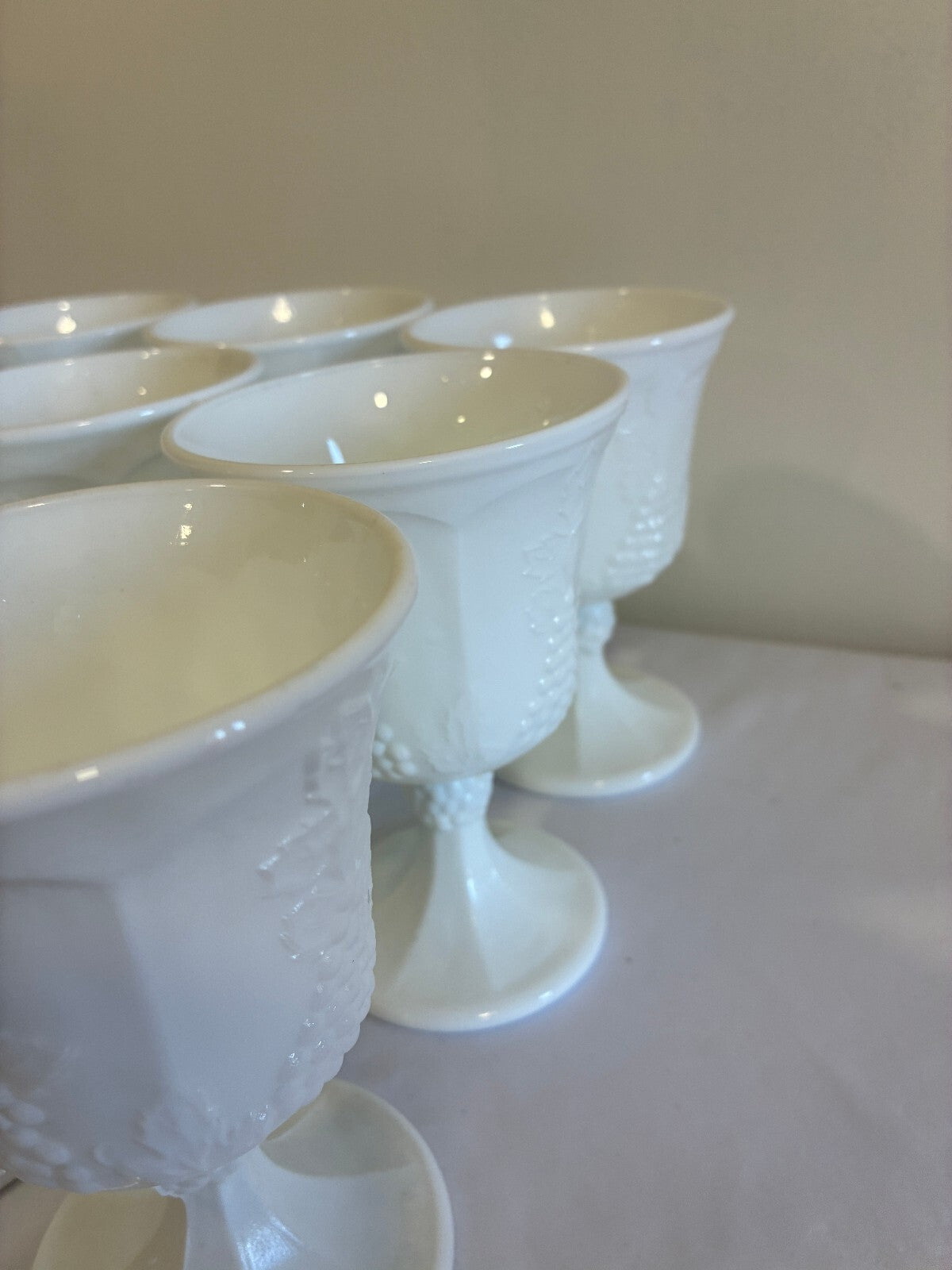 Vintage Milk Glass Goblets Set of 9, White Grape Vine Pattern w/ Pedestal Base