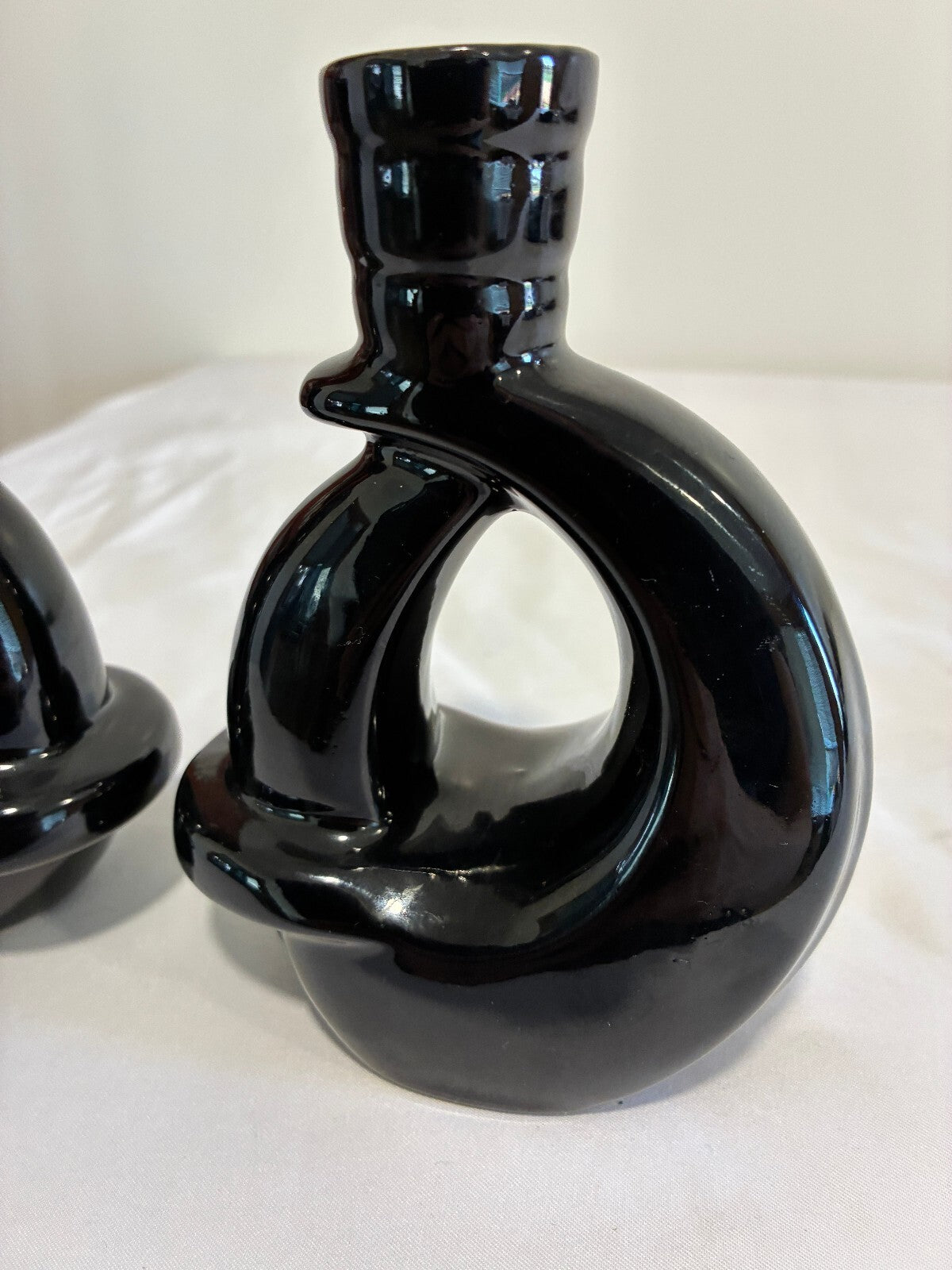 Vintage Frankoma Black Ceramic Vase Pair Modern Loop Design