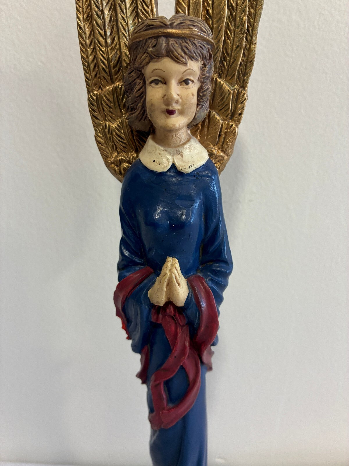 Vintage Blue Angel Figurine with Gold Wings, Painted Statue with Flowers