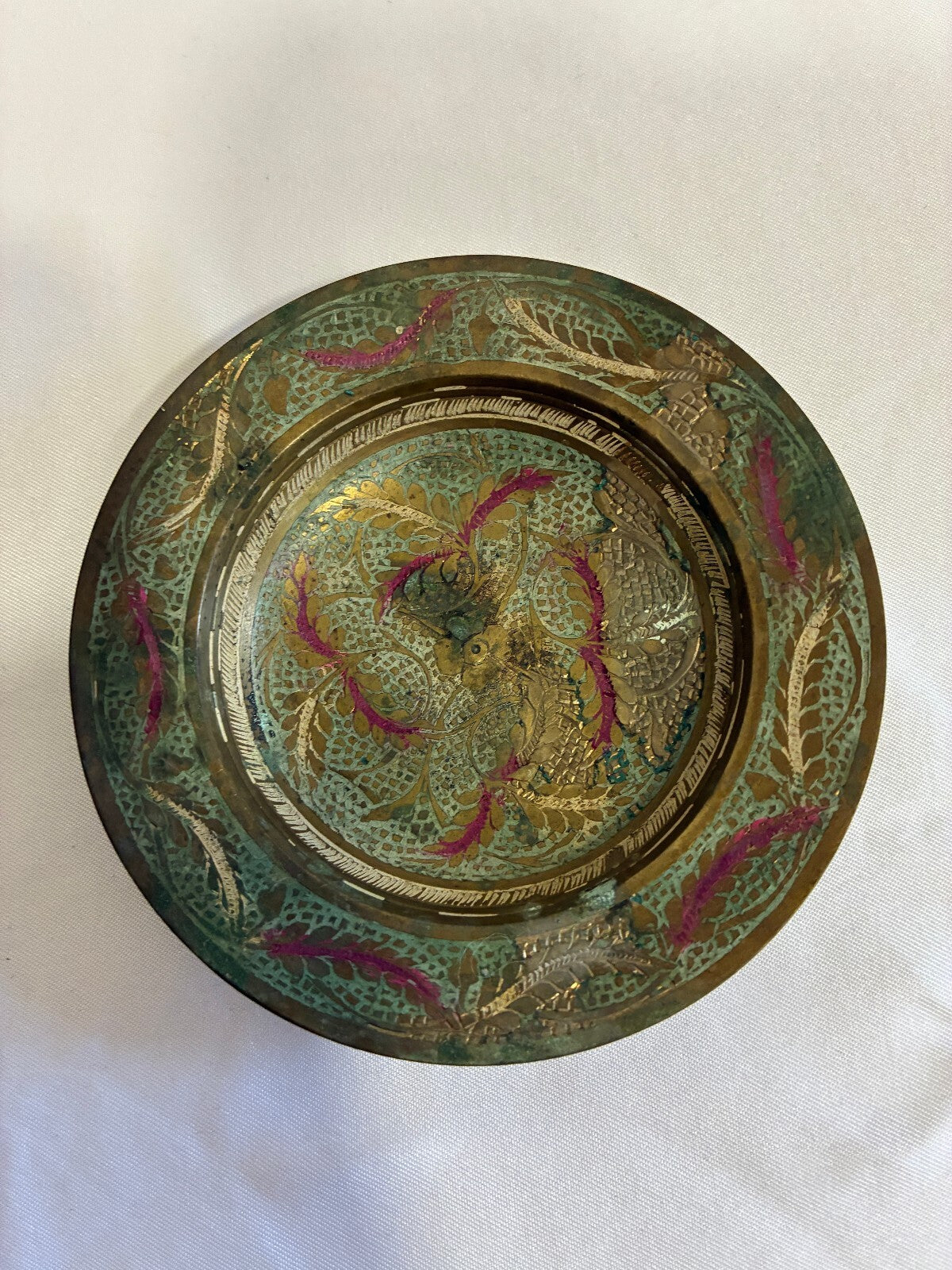 Vintage Indian Brass Dish, Etched Floral Enamel Trinket Dish, Boho Catchall