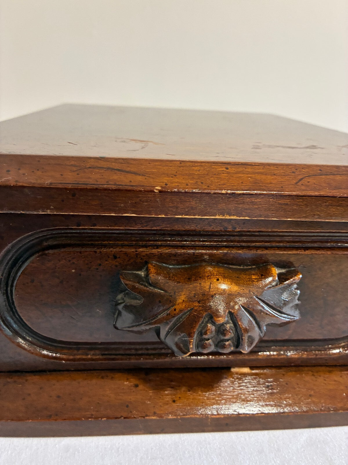Vintage Davis Cabinet Company Wooden Box with Drawer, Antique Cherry Finish, Carved Leaf Pull, Nashville Tennessee