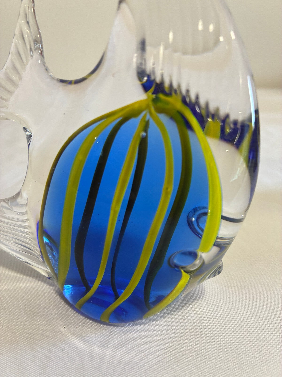 Vintage Art Glass Fish Figurine Blue Yellow Striped Made in Taiwan