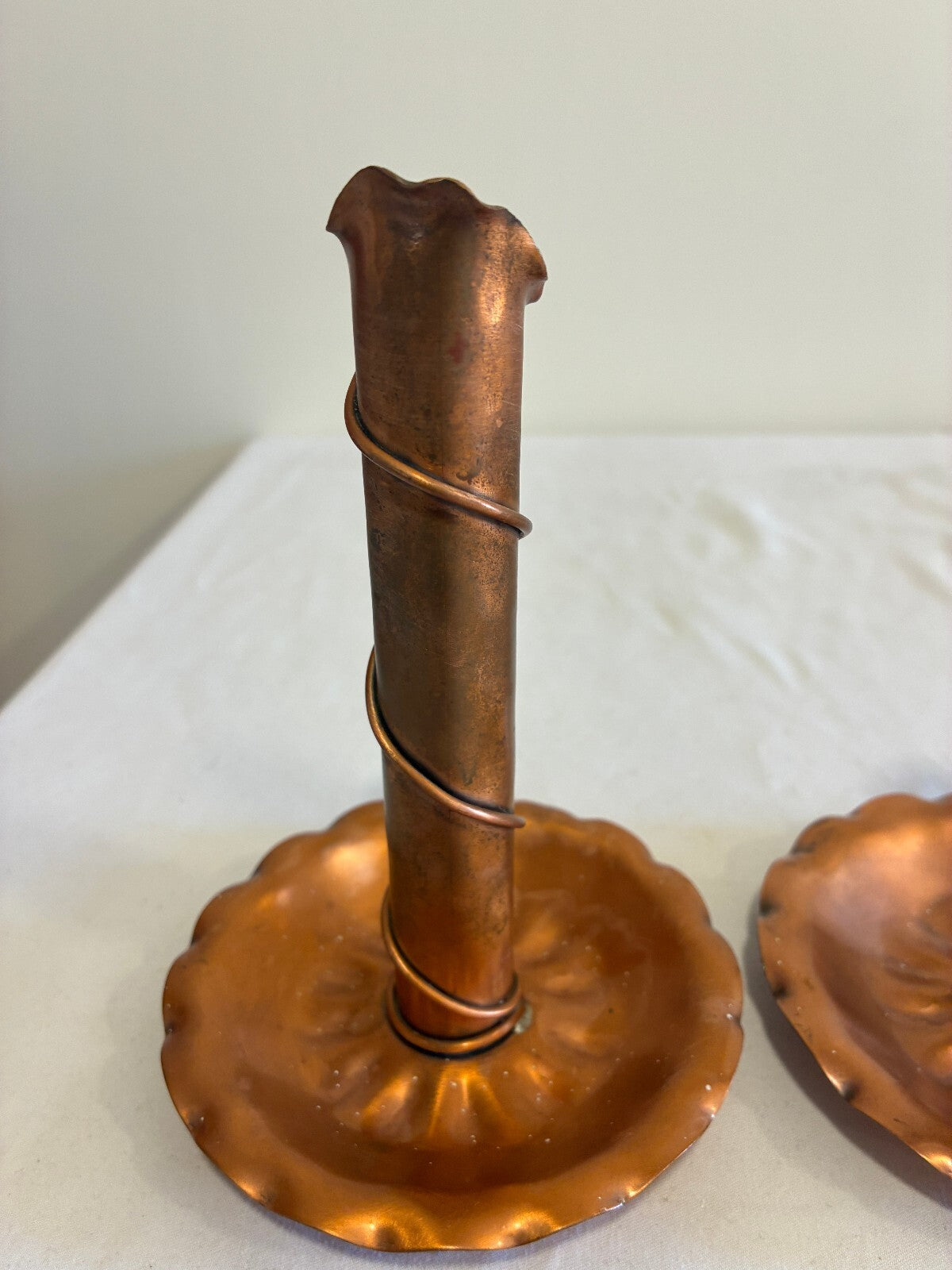 Vintage Gregorian Handmade Copper Candlestick Holders Pair | Twisted Wire Design