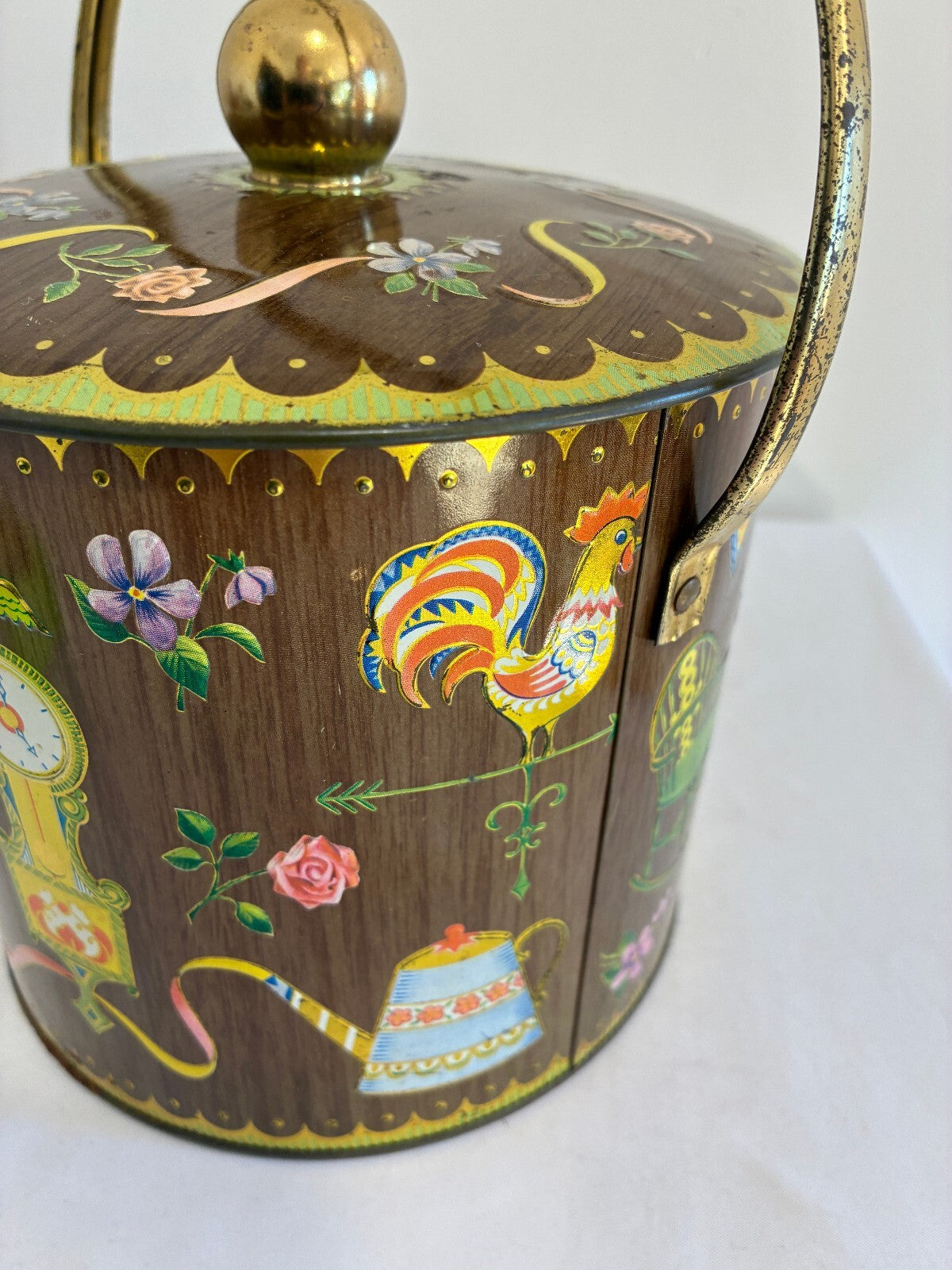 Vintage Daher England Tin with Handle and Lid, Clock Spinning Wheel Roses
