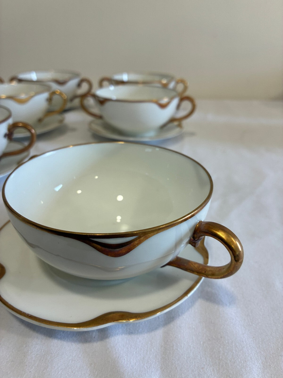 Antique Haviland & Co Gold Rim Bouillon Cups & Saucers Set of 9 French Porcelain