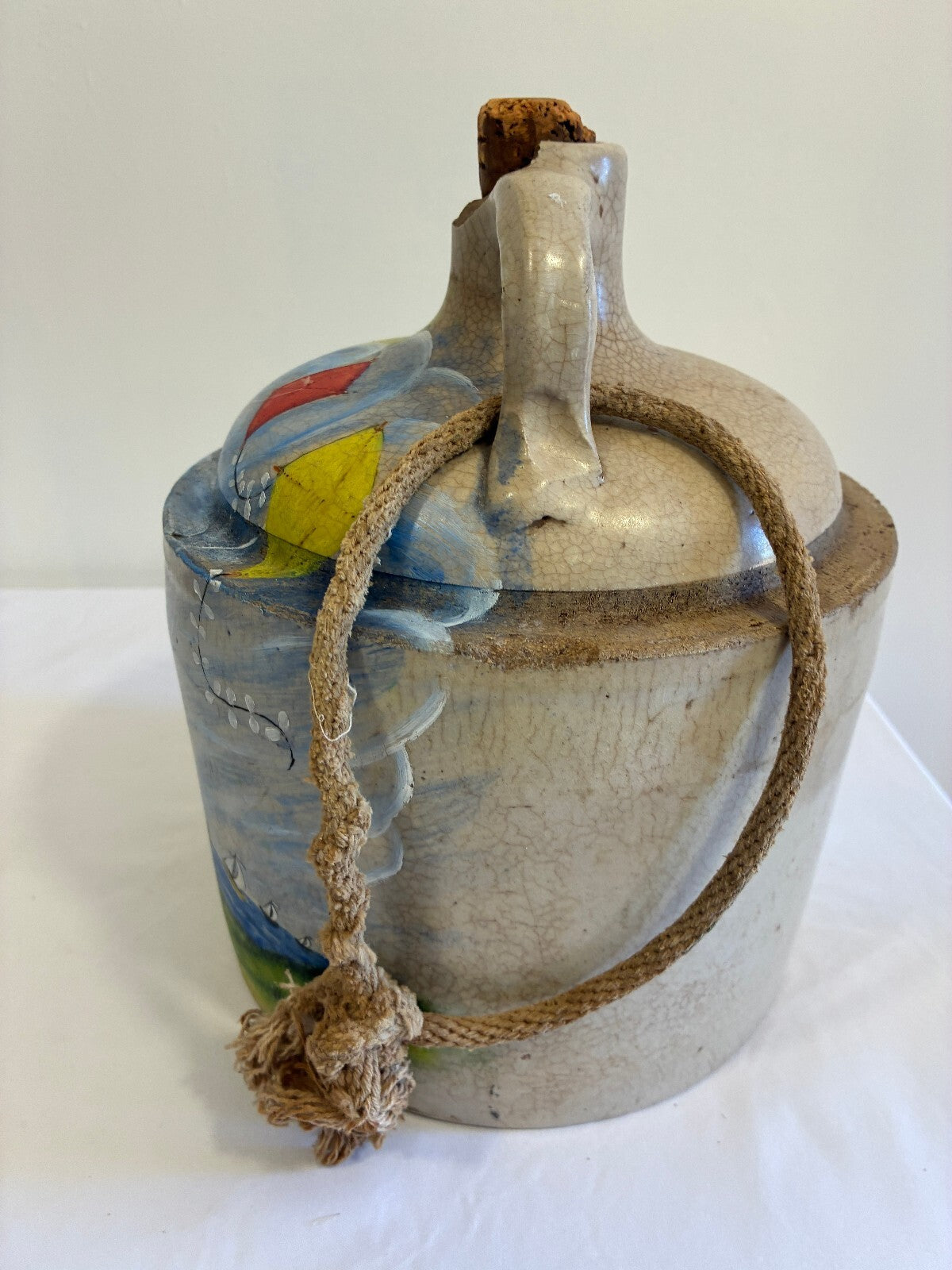 Vintage Hand Painted Ceramic Jug Decanter | Folk Art Children Flying Kites